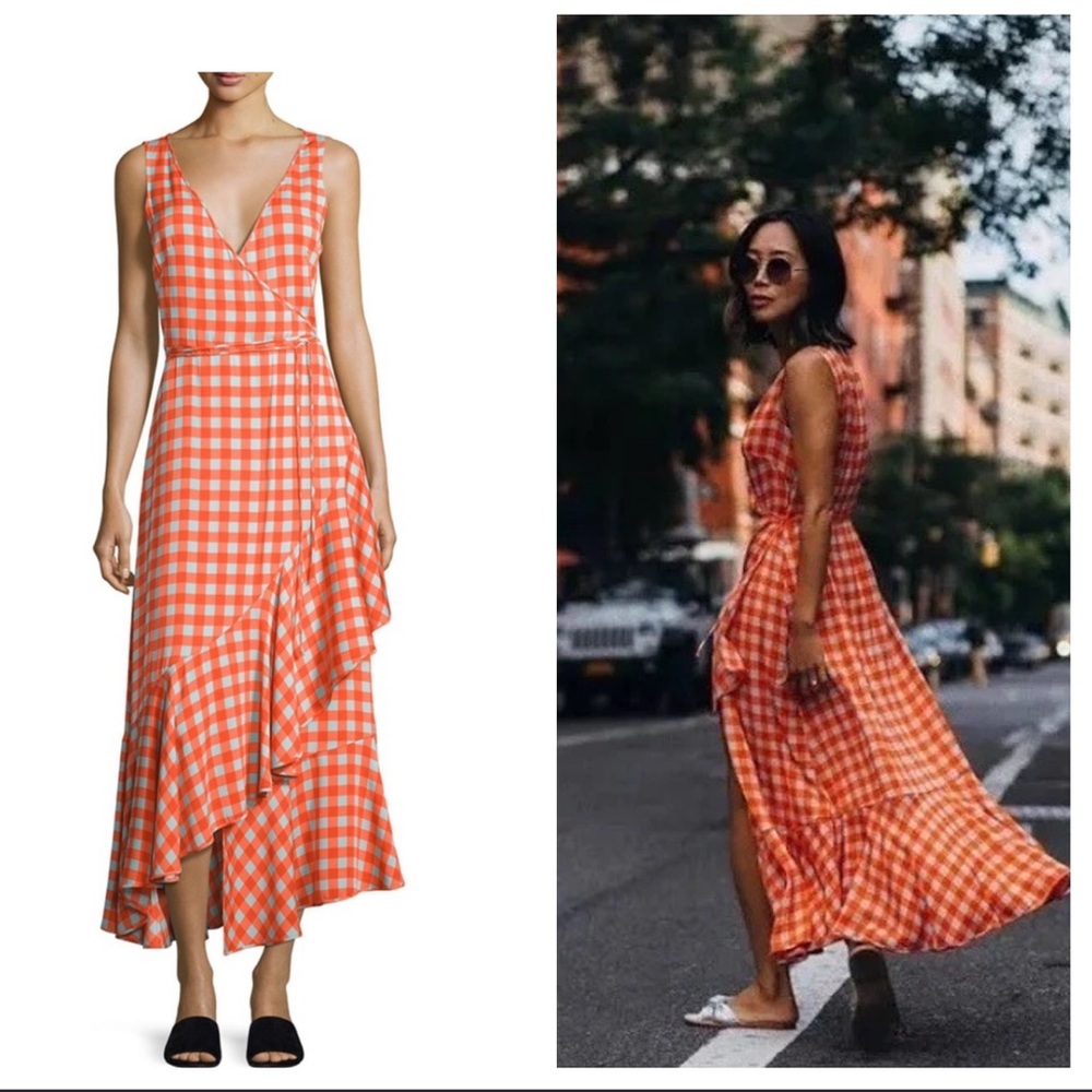 DVF Gingham Asymmetrical Ruffle Hem Silk Midi Dress 6